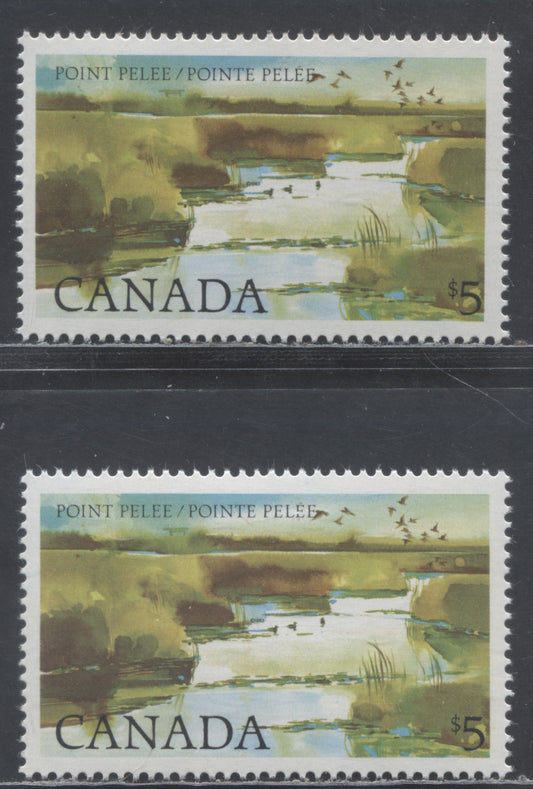 Lot 354 Canada #937 $5 Multicolored Point Pelee, 1982-1987 High Value National Park, 2 VFNH Singles On LF-fl & DF/DF Abitibi Papers, Plate 1