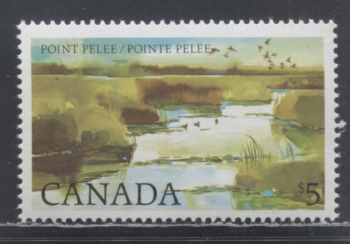 Canada #937var $5 Multicolored Point Pelee, 1982-1987 High Value National Park, A VFNH Single On LF/LF Paper