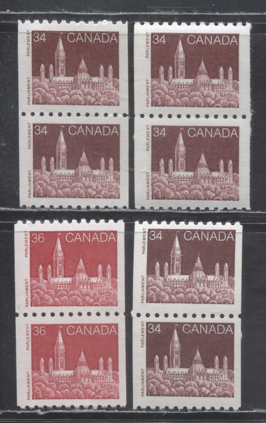 Lot 359 Canada #952, 952v, 953 34c & 36c Multicolored Parliament, 1985-1988 Coil Issue, 4 VFNH Vertical Coil Pairs On DF/DF, LF/LF, F/F & DF/F Abitibi & Rolland Papers
