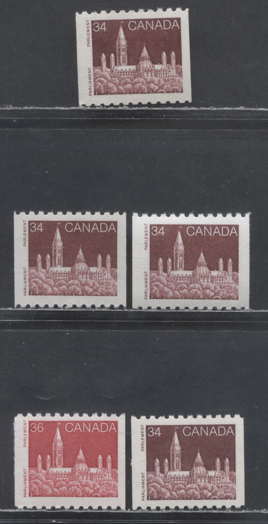Lot 360 Canada #952, 952v, 953 34c & 36c Multicolored Parliament, 1985-1988 Coil Issue, 5 VFNH Coil Singles On DF/DF, DF/LF, F/F & DF/F Abitibi & Rolland Papers
