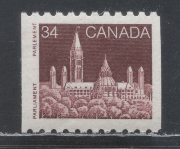Lot 361 Canada #952 34c Dull Red Brown Parliament, 1985-1988 Coil Issue, A VFNH Single With G4aL Tagging Error, Right Tag Bar Almost Missing, DF/DF Abitibi Paper