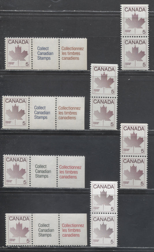 Lot 365 Canada #940, 940ii, 940i 5c Purple Maple Leaf, 1982-1987 Booklet Issue, 8 VFNH Booklet Pairs & Stamp-Label Strips Of 3 On Coated & Uncoated DF & LF Papers