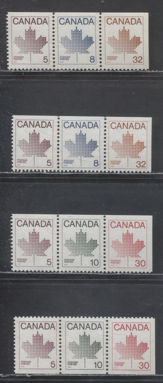 Lot 366 Canada #940, 943-946 5c-32c Purple-Brown Maple Leaf, 1982-1987 Booklet Issue, 4 VFNH Se-tenant Booklet Strips Of 3 On LF & LF-fl Paper