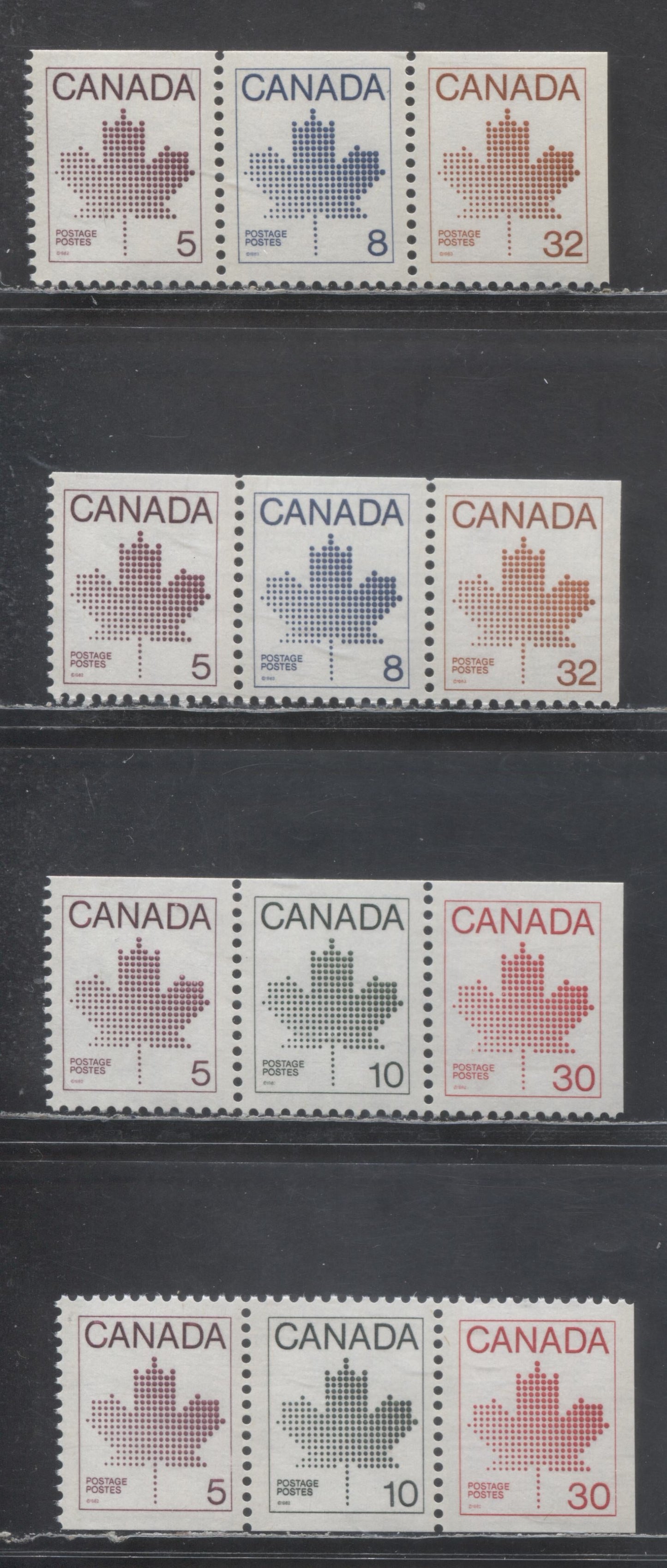 Canada #940, 943-946 5c-32c Purple-Brown Maple Leaf, 1982-1987 Booklet Issue, 4 VFNH Se-tenant Booklet Strips Of 3 On LF & LF-fl Paper