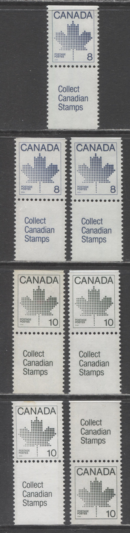 Lot 367 Canada #943, 944,i 8c & 10c Dark Blue & Dark Green Maple Leaf, 1982-1987 Booklet Issue, 6 VFNH Se-tenant Booklet Stamp-Label Pairs On DF/DF, LF/LF & LF-fl Coated & Uncoated Papers