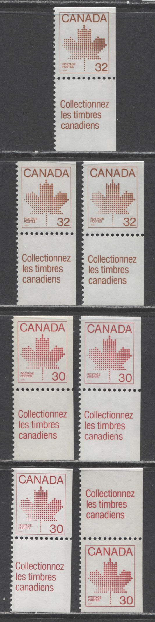 Lot 368 Canada #945,I, 946 30c & 32c Red & Brown Maple Leaf, 1982-1987 Booklet Issue, 7 VFNH Vertical Stamp-Label Booklet Pairs On DF, LF & LF-fl Uncoated & NF/DF Coated Papers