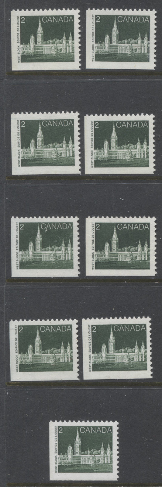 Lot 375 Canada #939, 939i, 939ii 2c  Deep Green Parliament Buildings, 1982-1987 Artifacts & National Parks Issue, 9 VFNH Booklet Singles,DF to HF, Abitibi & Rolland Papers All With Tag Bar At Left