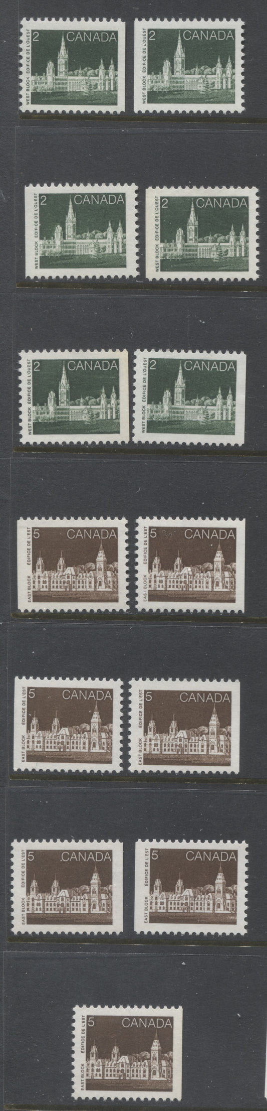 Lot 376 Canada #939, 939i, 941, 941ii 2c. 5c Deep Green & Deep Brown Parliament Buildings, 1982-1987 Artifacts & National Parks Issue, 13 VFNH Booklet Singles,NF/NF to MF, Abitibi Papers