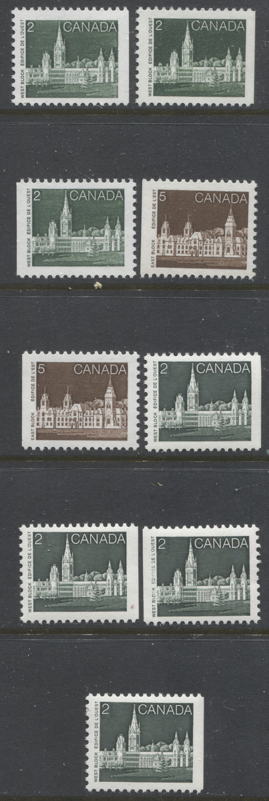 Lot 380 Canada #939i. 939a, 939ai, 941i 2c. 5c Deep Green & Deep Brown Parliament Buildings, 1982-1987 Artifacts & National Parks Issue, 9 VFNH Booklet Singles, NF/NF to LF/LF, Rolland & Harrison Papers