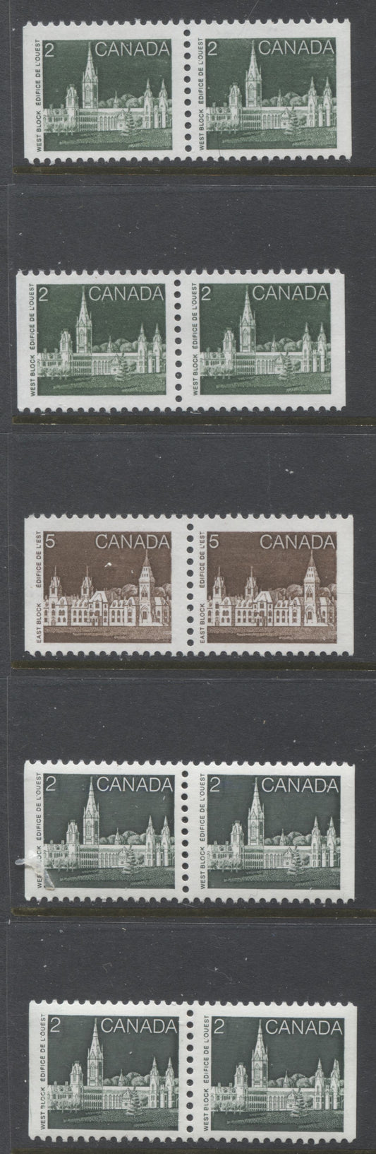 Lot 381 Canada #939i. 939a, 939ai, 941i 2c, 5c Deep Green & Deep Brown Parliament Buildings, 1982-1987 Artifacts & National Parks Issue, 5 VFNH Booklet Pairs, NF/NF to LF/LF, Rolland & Harrison Papers