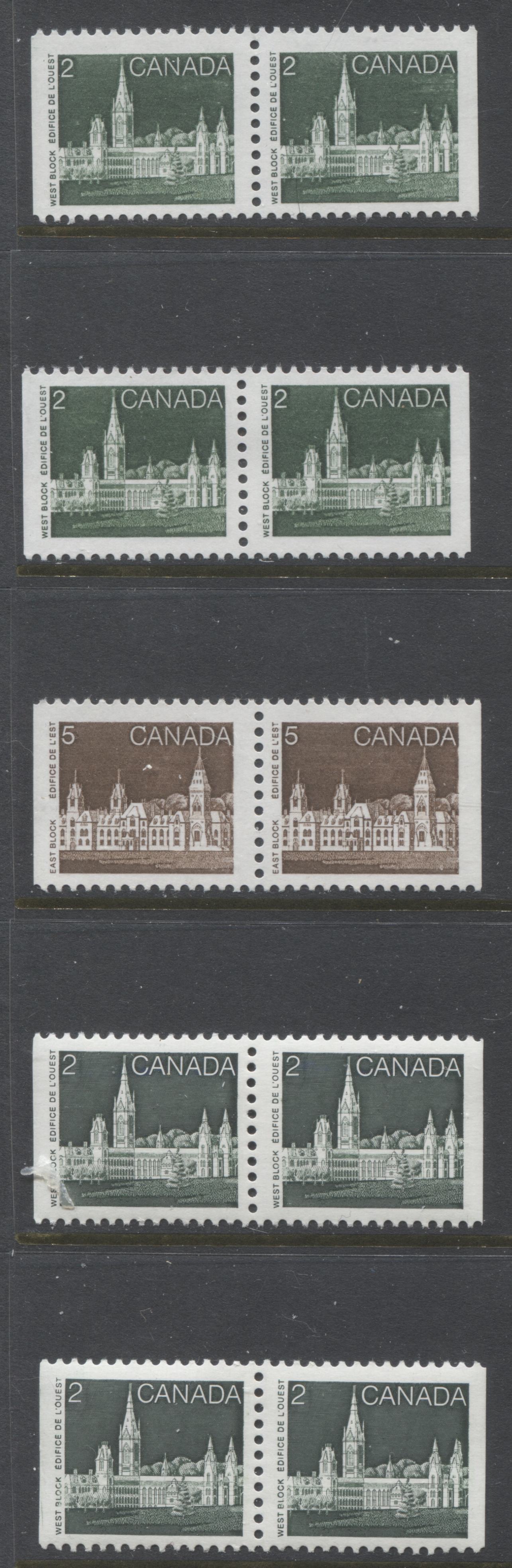 Canada #939i. 939a, 939ai, 941i 2c, 5c Deep Green & Deep Brown Parliament Buildings, 1982-1987 Artifacts & National Parks Issue, 5 VFNH Booklet Pairs, NF/NF to LF/LF, Rolland & Harrison Papers