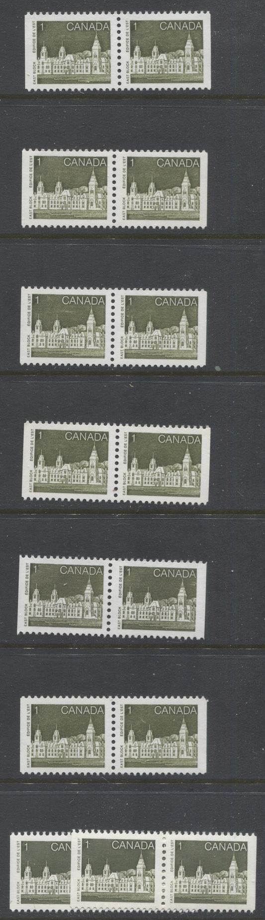 Lot 383 Canada #938, 938iv, 938v, 938i, 938iii 1c Sage Green Parliament Buildings, 1982-1987 Artifacts & National Parks Issue, 8 VFNH Booklet Pairs, NF/NF to HF/HF, Rolland & Harrison Papers