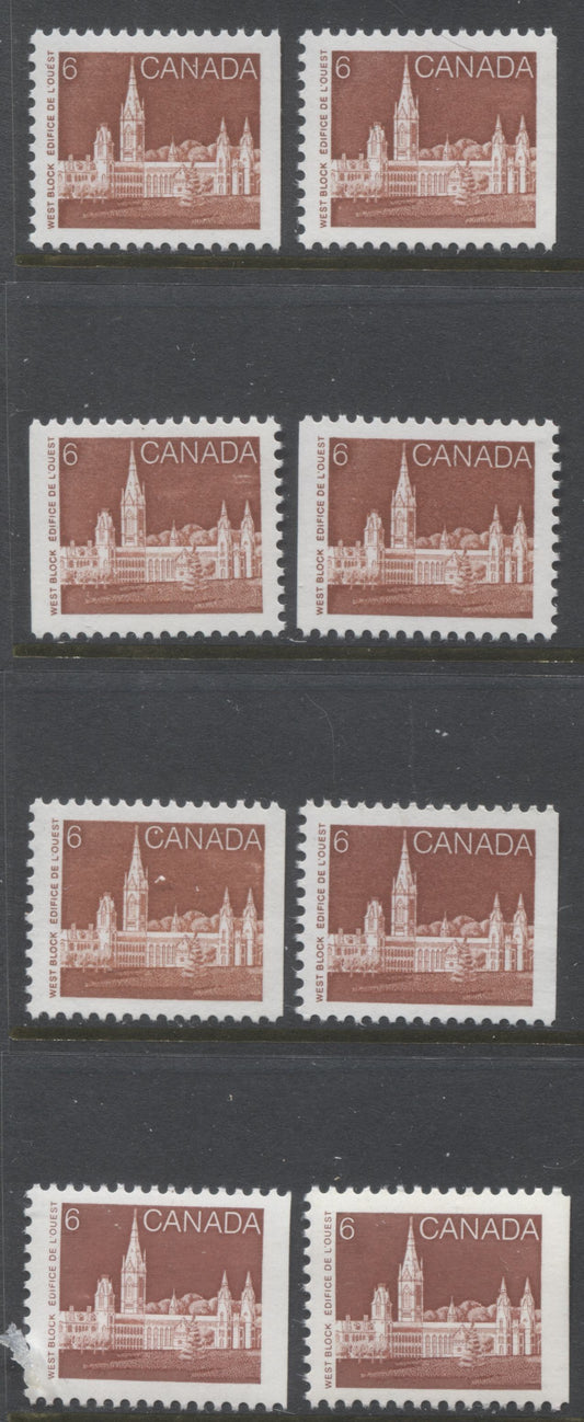 Lot 384 Canada #942-942v 6c Henna Brown Parliament Buildings, 1982-1987 Artifacts & National Parks Issue, 8 VFNH Booklet Singles, NF/NF to HF/HF, Rolland & Harrison Papers