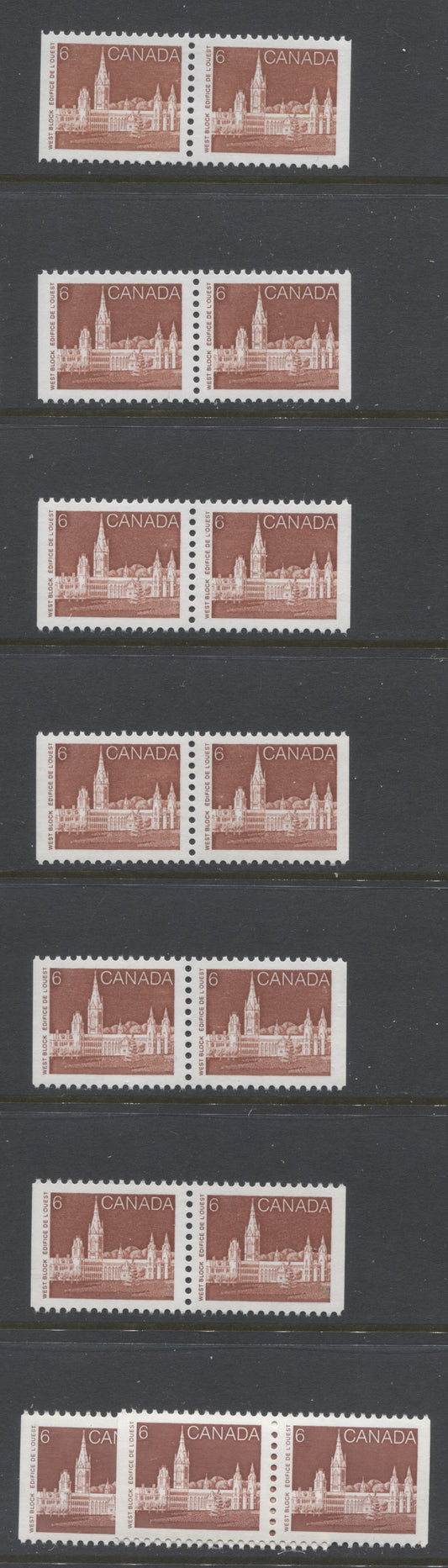 Lot 385 Canada #942-942v 6c Henna Brown Parliament Buildings, 1982-1987 Artifacts & National Parks Issue, 8 VFNH Booklet Pairs, NF/NF to HF/HF, Rolland & Harrison Papers