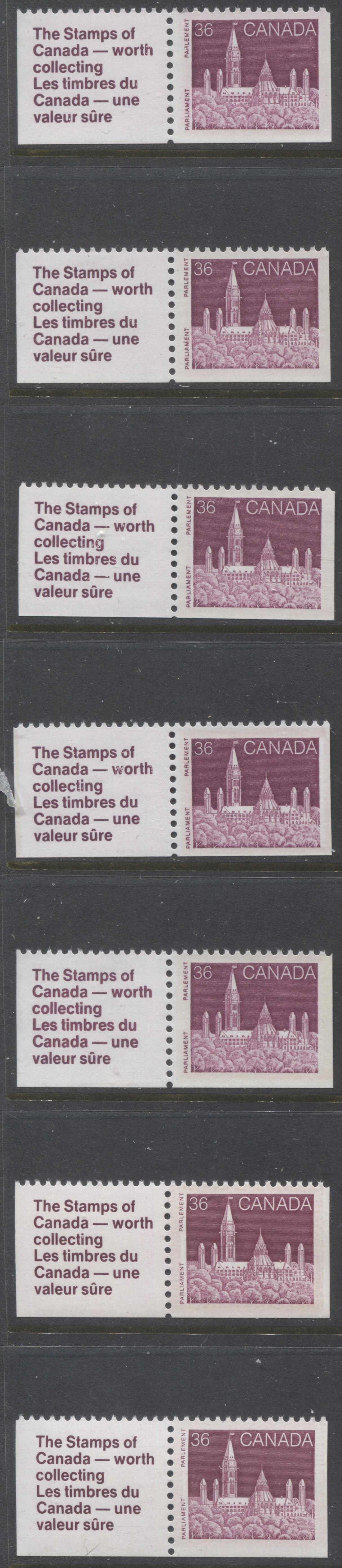 Lot 387 Canada #948-iii 36c Lilac Rose Parliament Buildings, 1982-1987 Artifacts & National Parks Issue, 7 VFNH Booklet Stamp Label Pairs, NF/NF to HF/HF, Rolland & Harrison Papers