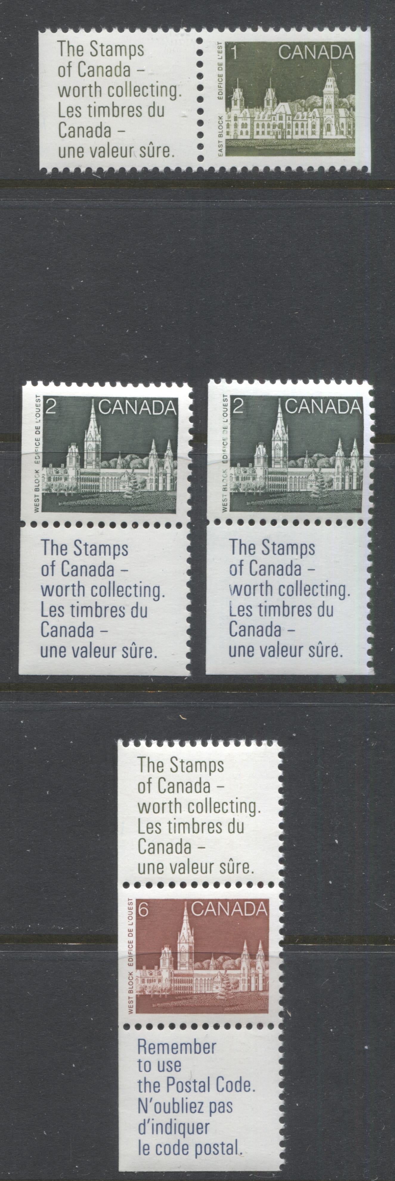 Lot 389 Canada #938i, 939a-ai, 942i 1c, 2c, 6c Sage Green, Slate Green & Deep Violet Parliament Buildings, 1982-1987 Artifacts & National Parks Issue, 4 VFNH Stamp-Label Pairs and Strips, NF/NF to DF/LF , Harrison Papers