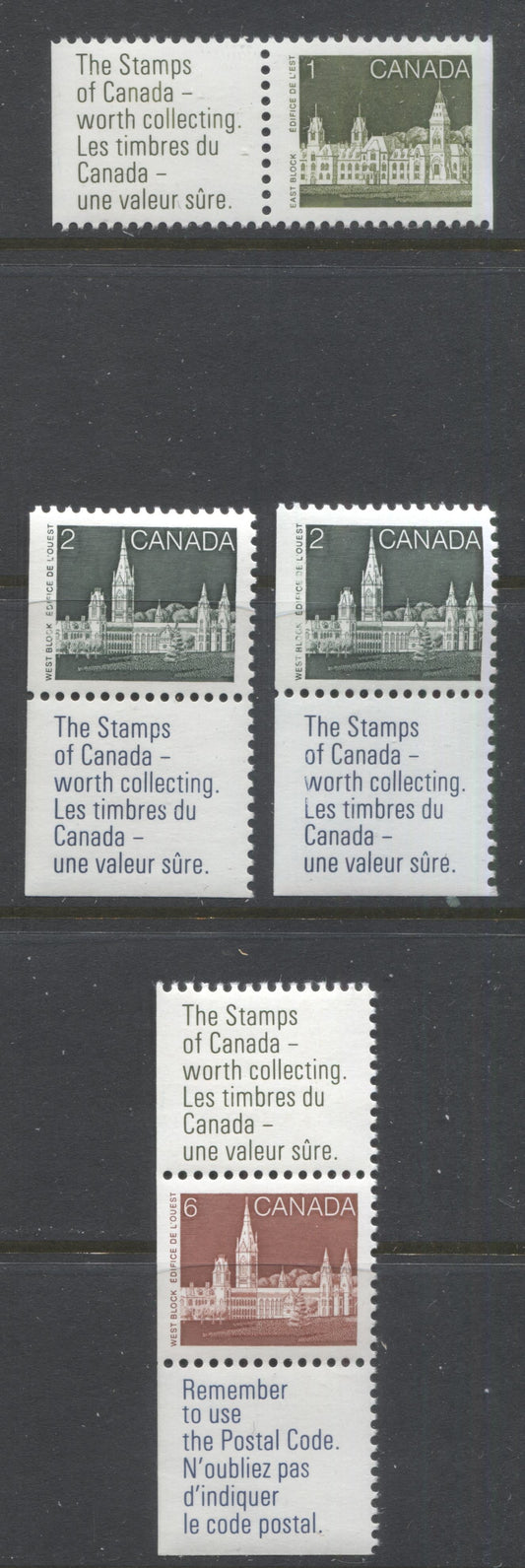 Lot 389 Canada #938i, 939a-ai, 942i 1c, 2c, 6c Sage Green, Slate Green & Deep Violet Parliament Buildings, 1982-1987 Artifacts & National Parks Issue, 4 VFNH Stamp-Label Pairs and Strips, NF/NF to DF/LF , Harrison Papers