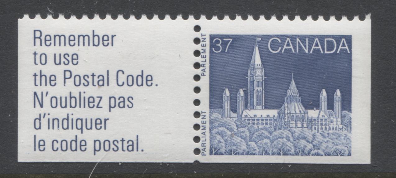 Lot 392 Canada #1187T3 37c Blue Parliament Buildings, 1982-1987 Artifacts & National Parks Issue, A VFNH Booklet Stamp Label Pair, LF/LF, Harrison Paper G4CT Tagging Error