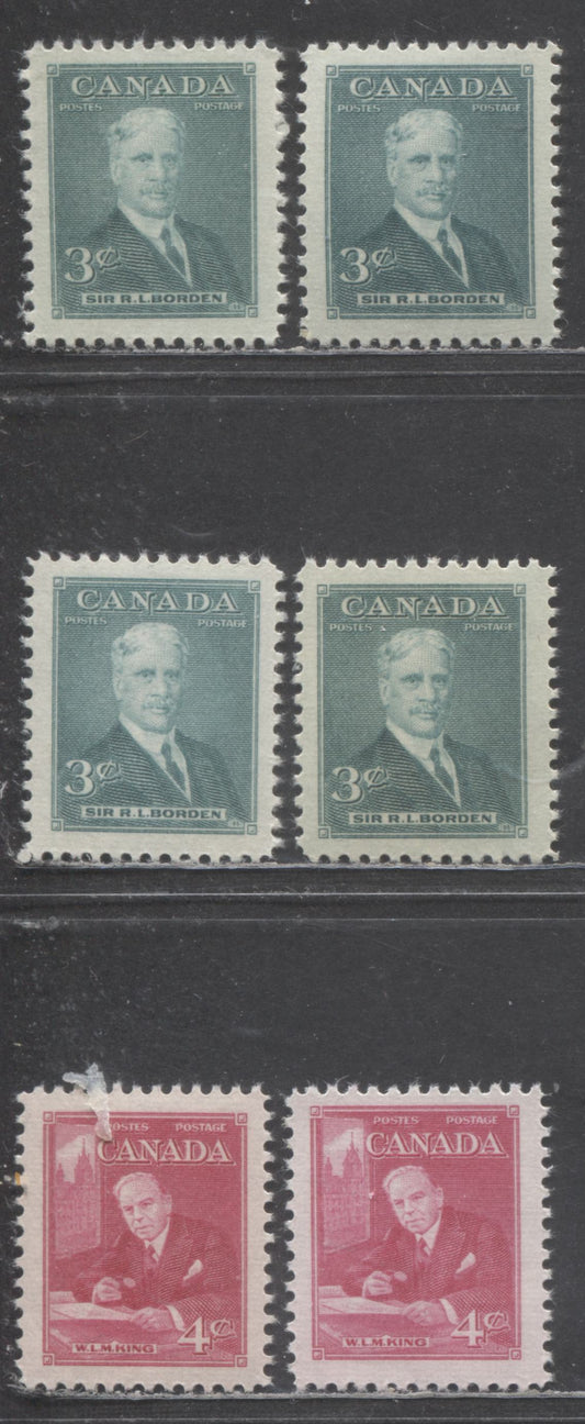 Lot 393 Canada #303-304 3c, 4c Turquoise Green & Carmine Rose Robert Borden & Mackenzie King, 1951 Prime Ministers Issue, 6 VFNH Singles,Smooth & Horiziontally Ribbed Papers, Different Shades Cream and Yellowish Cream Semi-Gloss Gums