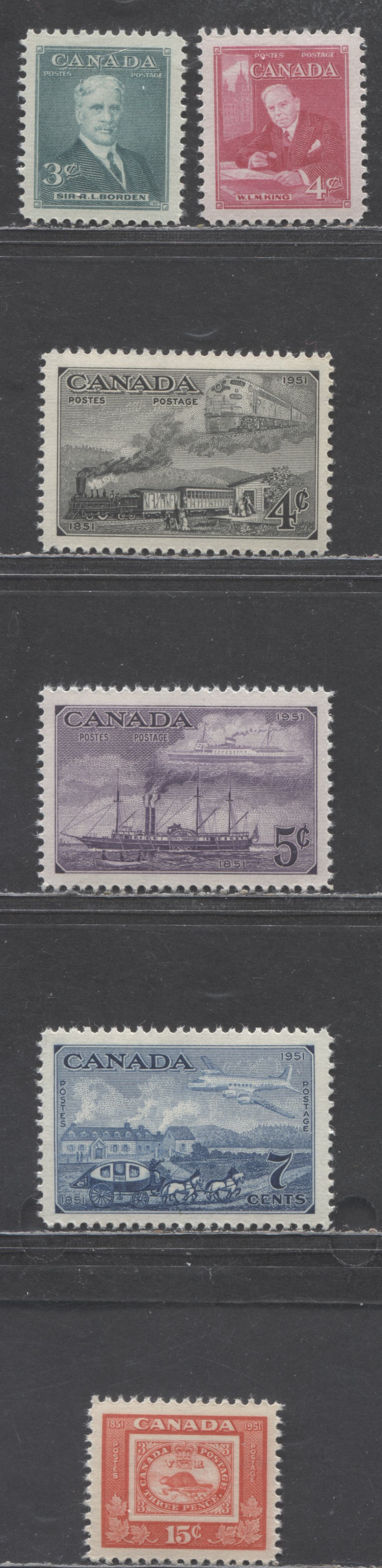 Canada #303-304, 311-314 3c, 4c, 5c, 7c, 15c Various Colours Various Subjects, 1951 Prime Ministers Issue & CAPEX '51 , 6 VFNH Singles,Smooth & Horizontally Ribbed Papers, Cream Gloss & Semi-Gloss Gum All Selected For Centering