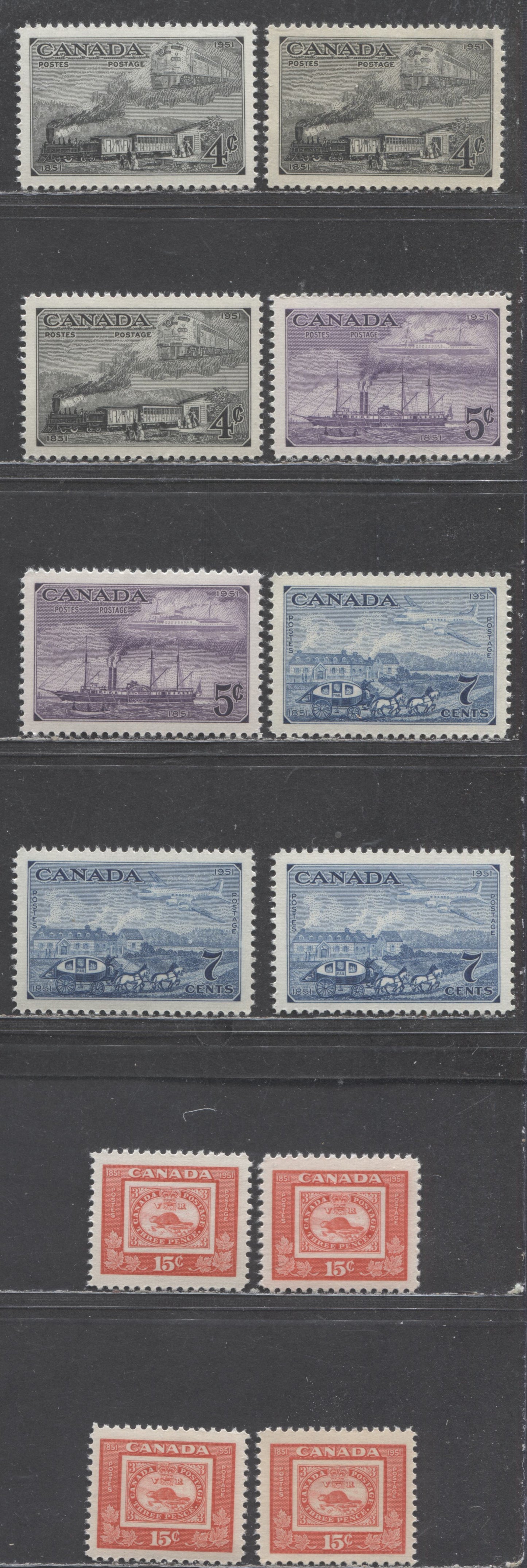 Canada #311-314 4c-15c Train, Steamship, Mail Coach & Threepenny Beaver, 1951 CAPEX '51, 12 VFNH Singles,Cream & White Horizontal, Smooth & Vertically Ribbed Papers, Different Shades Cream and Yellowish Cream Semi-Gloss & Glossy Gums