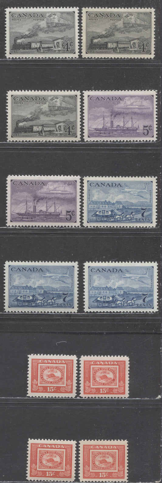 Lot 395 Canada #311-314 4c-15c Train, Steamship, Mail Coach & Threepenny Beaver, 1951 CAPEX '51, 12 VFNH Singles,Cream & White Horizontal, Smooth & Vertically Ribbed Papers, Different Shades Cream and Yellowish Cream Semi-Gloss & Glossy Gums