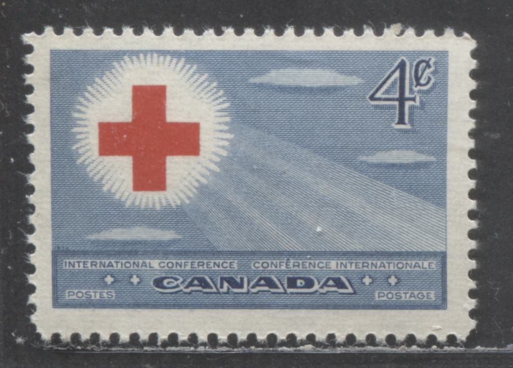 Lot 396 Canada #317var 4c-15c Grey Blue & Red Red Cross in Sky, 1952 Red Cross Conference Issue, A VFNH Single, Cross Shifted to LL, Horizontal Ribbed Paper, Yellowish Cream Satin Gum