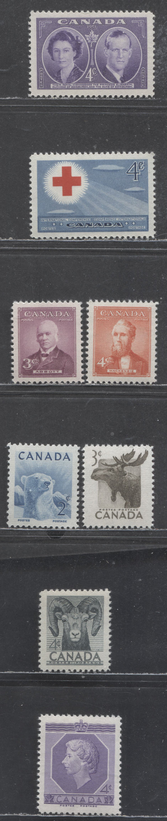 Lot 398 Canada #315, 317-319, 322-324, 330 2c-4c Various Colours Various Subjects, 1951-1953 Royal Visit Issue - 1953 Coronation Issue, 8 VFNH Singles, Horizontally Ribbed Paper, Cream & Yellowish Cream Semi-Gloss Gum All Selected For Centering