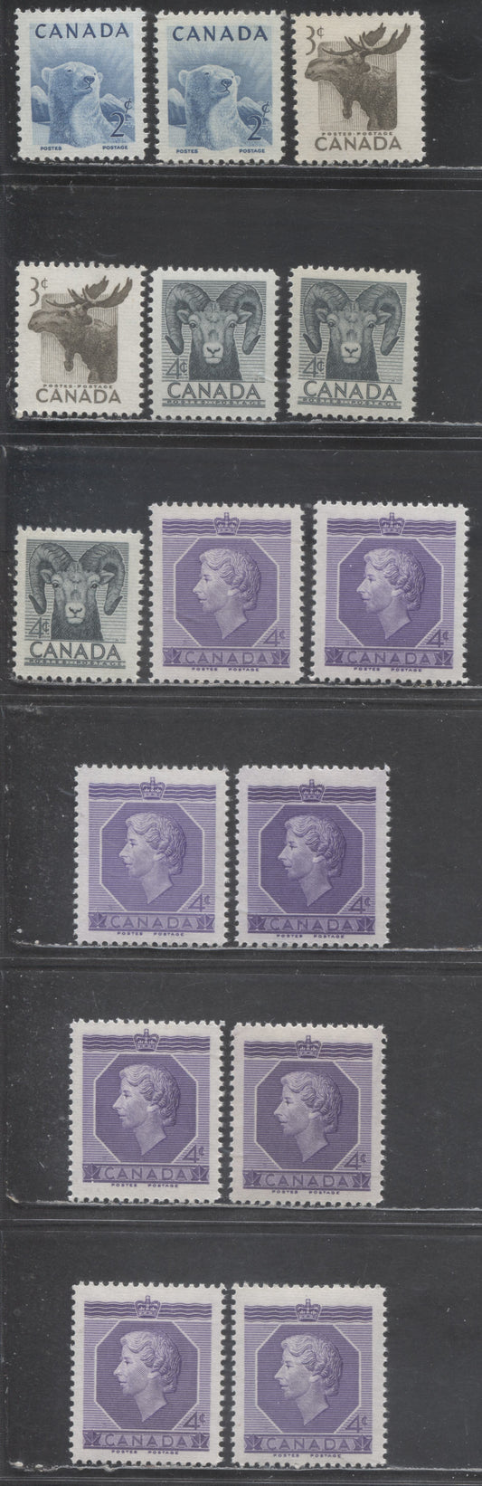 Lot 399 Canada #322-324, 330 2c-4c Various Colours Various Subjects, 1951-1953 Royal Visit Issue - 1953 Coronation Issue, 15 VFNH Singles, Smooth & Horiziontally Ribbed Papers, Many Shades Cream & Yellowish Cream Semi-Gloss Gum
