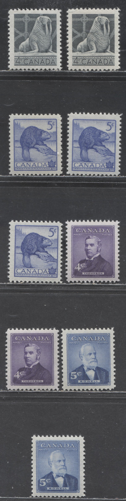 Lot 400 Canada #335-336, 349-350 4c-5c Walrus, Beaver, David Thompson, Mackenzie Bowell, 1954 Wildlife Week Issue - Prime Ministers Issue, 9 VFNH Singles, Smooth & Horiziontally Ribbed Papers, Different Shades Cream & Yellowish Satin & Semi-Gloss Gum