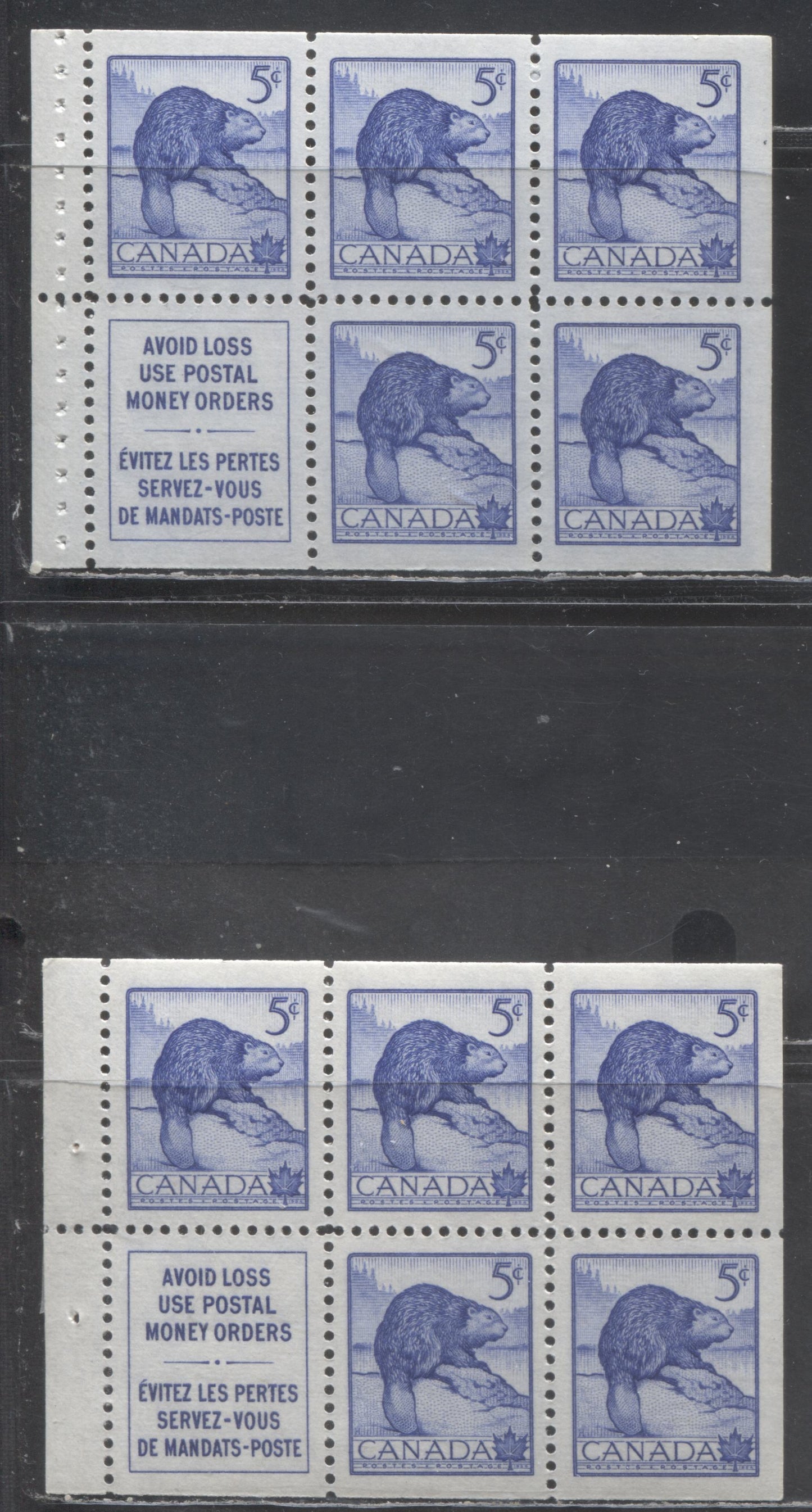 Lot 401 Canada #336a, ai 5c  Deep Ultramarine Beaver, 1954 Wildlife Week Issue, 2 VFNH Booklet Panes of 5 + Label,Horizontal Ribbed Paper, Yellowish Cream Semi-Gloss Gum, Staple & Stitch Holes In Tabs