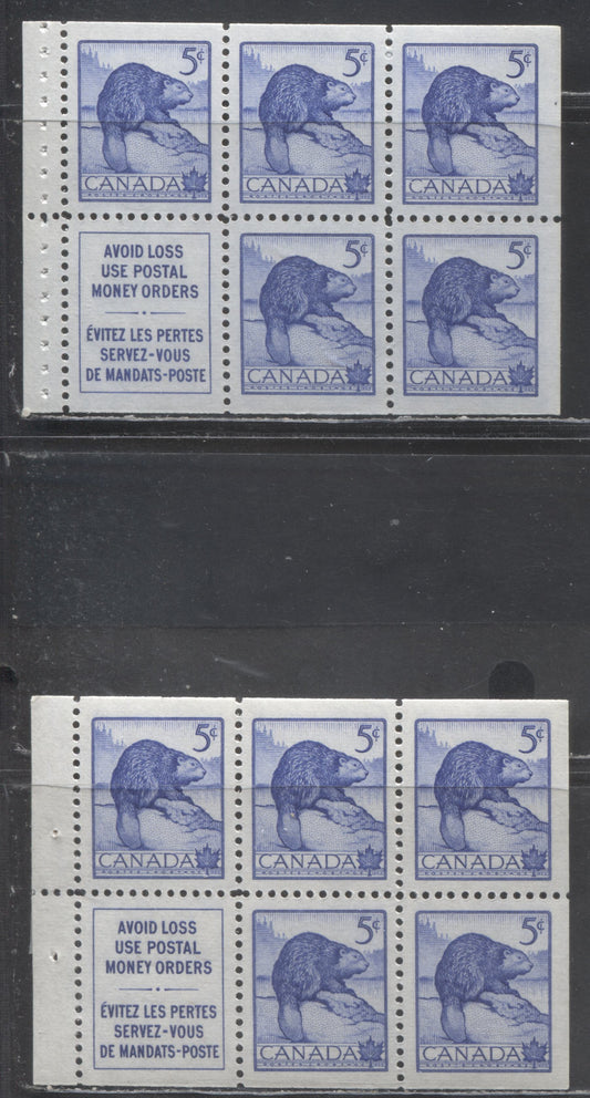 Lot 401 Canada #336a, ai 5c  Deep Ultramarine Beaver, 1954 Wildlife Week Issue, 2 VFNH Booklet Panes of 5 + Label,Horizontal Ribbed Paper, Yellowish Cream Semi-Gloss Gum, Staple & Stitch Holes In Tabs