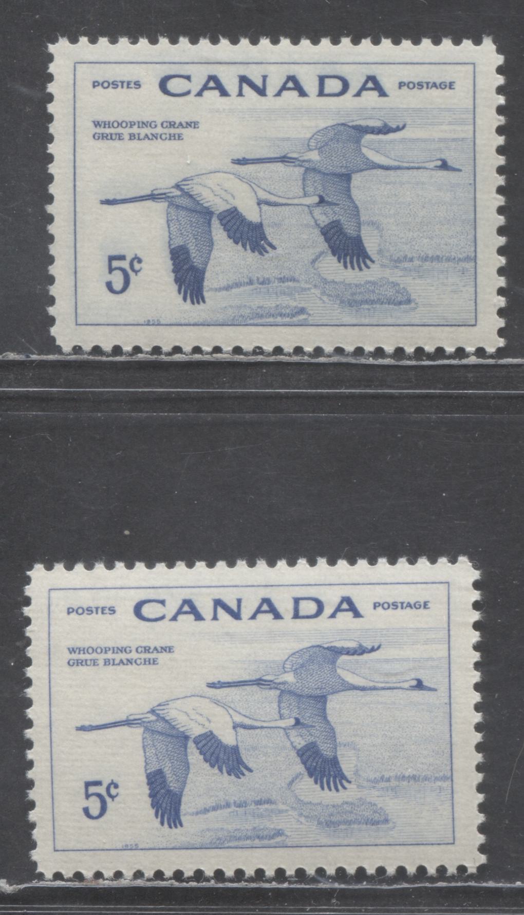 Canada #353 5c  Ultramarine & Dark Blue Whooping Cranes, 1955 Wildlife Week Issue, 2 VFNH Singles,Horizontally Ribbed Paper, Yellowish Cream Semi-Gloss Gum, Scarce Shade, As Most Are Shades Of Ultramarine