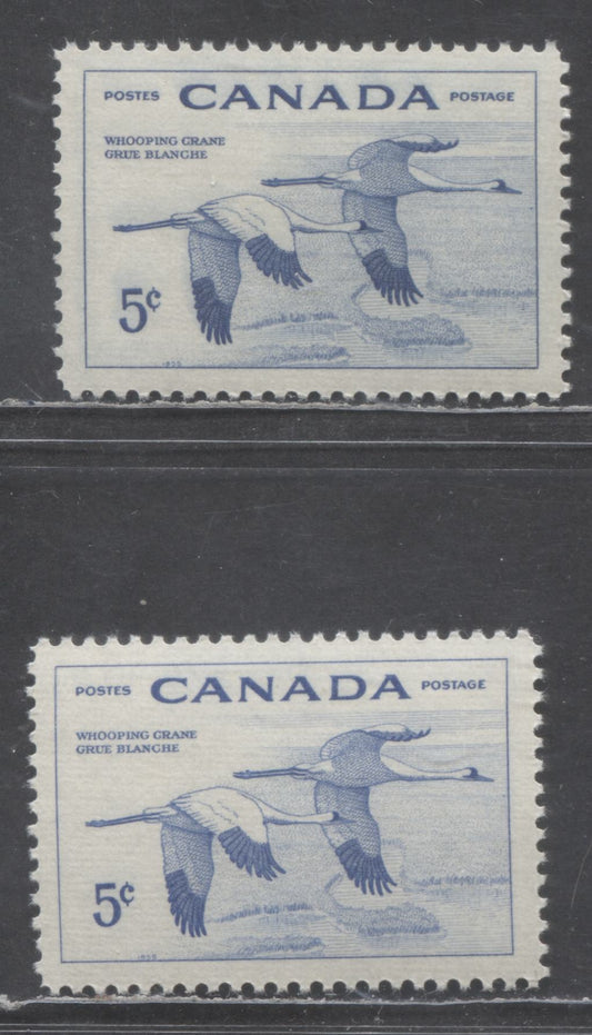 Lot 402 Canada #353 5c  Ultramarine & Dark Blue Whooping Cranes, 1955 Wildlife Week Issue, 2 VFNH Singles,Horizontally Ribbed Paper, Yellowish Cream Semi-Gloss Gum, Scarce Shade, As Most Are Shades Of Ultramarine