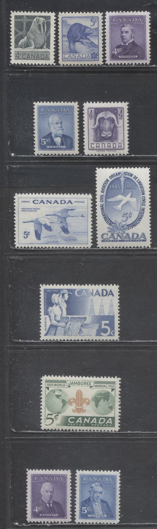 Lot 405 Canada #335-336, 349-350, 352-358 4c-5c Various Colours Various Subjects, 1954-1955 Wildlife Week Issue - Prime Ministers Issue, 11 VFNH Singles, Horizontally & Vertically Ribbed Papers,  Cream & Yellowish Cream Gums