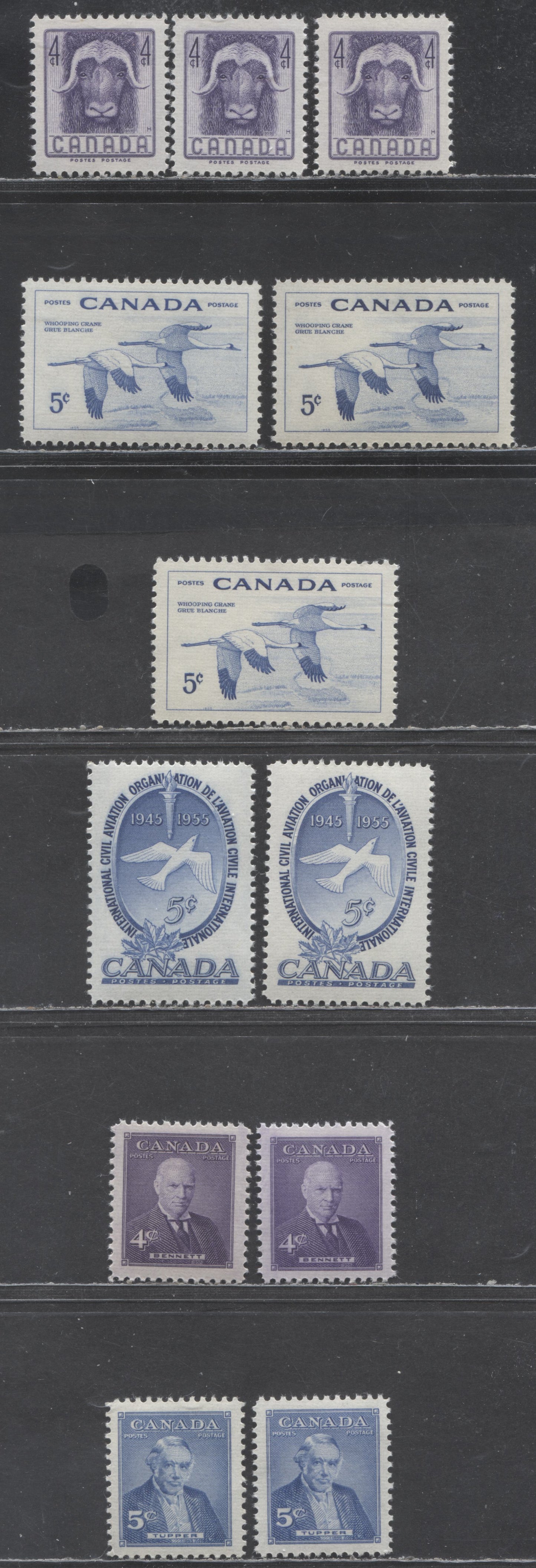 Canada #352-354, 357-358 4c-5c Violet & Ultramarine Various Subjects, 1955 Wildlife Week Issue - Prime Ministers Issue, 12 VFNH Singles, Horizontally Ribbed Paper, Different Shades Cream & Yellowish Cream Satin & Semi-Gloss Gum