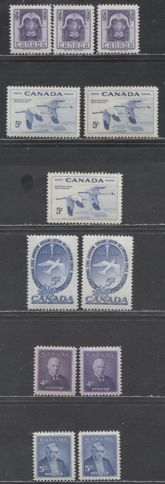 Lot 406 Canada #352-354, 357-358 4c-5c Violet & Ultramarine Various Subjects, 1955 Wildlife Week Issue - Prime Ministers Issue, 12 VFNH Singles, Horizontally Ribbed Paper, Different Shades Cream & Yellowish Cream Satin & Semi-Gloss Gum