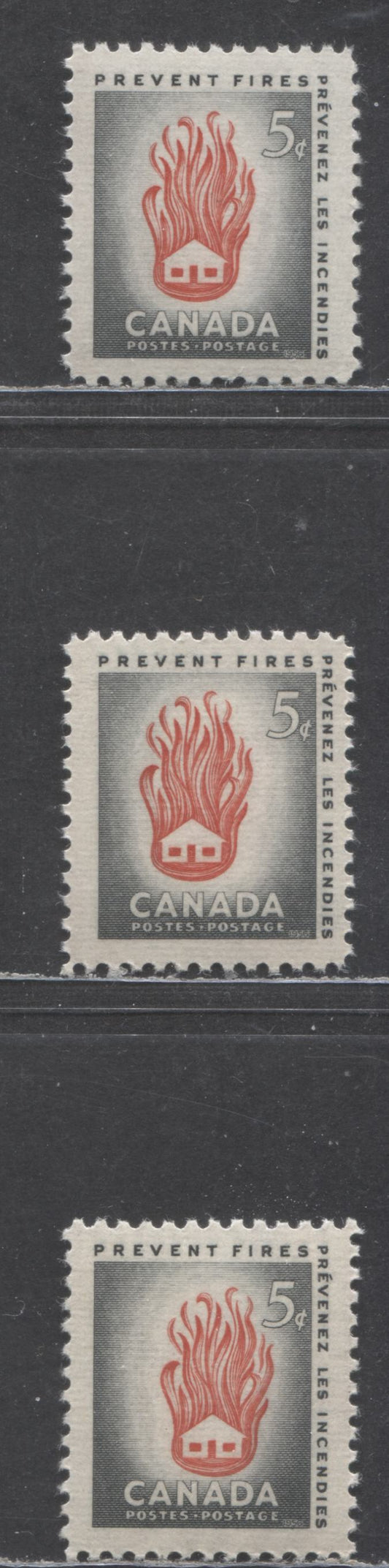 Lot 408 Canada #364 5c Olive Grey & Vermilion House On Fire, 1956 Fire Prevention Issue, 3 VFNH Singles, Horizontally Ribbed Paper, Cream Semi-Gloss Gum With Shifted Vignettes
