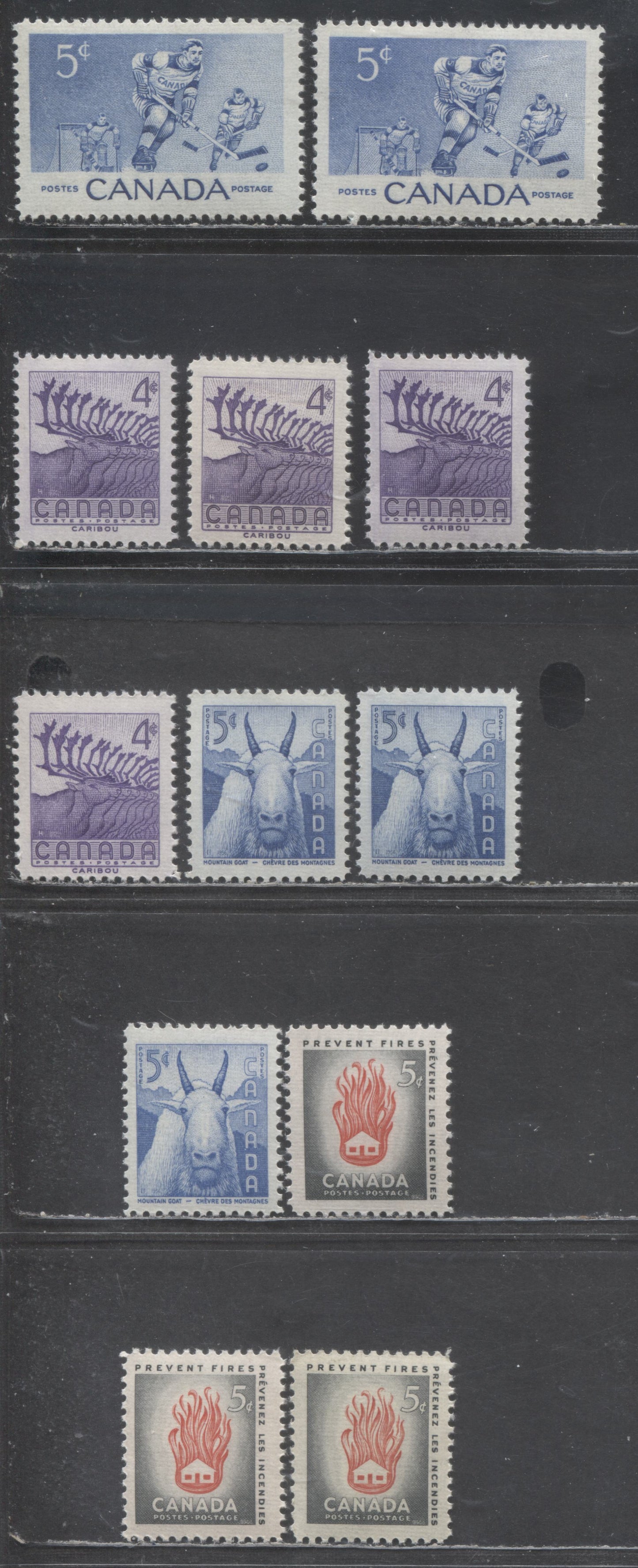 Canada #359-36, 364 4c-5c Violet, Ultramarine, Olive Grey & Vermilion Various Subjects, 1956 Hockey - Fire Prevention Issues, 12 VFNH Singles, Horizontally Ribbed Paper, Cream Semi-Gloss Gum, All Selected For Centering