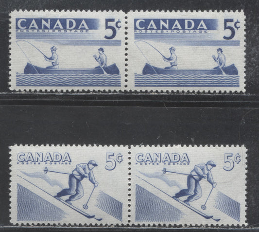 Lot 410 Canada #365i, 368i 5c Deep Ultramarine Skiing, Canoeing, 1957 Recreational Sports Issue, 2 VFNH Identical Pairs, Horizontally Ribbed, LF Paper, Streaky Cream Semi-Gloss Gum, Scarce, As Most Would Have Been Split