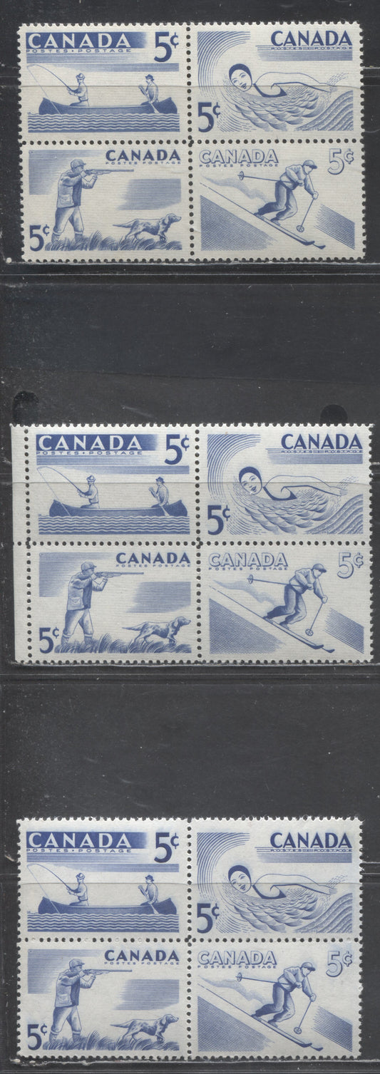 Lot 411 Canada #368a 5c Deep Ultramarine Skiing, Canoeing, Swimming & Hunting, 1957 Recreational Sports Issue, 3 VFNH Se-Tenant Blocks of 4, Horizontally Ribbed, LF, DF & NF Papers, Streaky Cream Semi-Gloss Gum