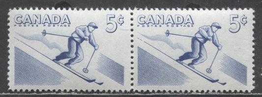 Lot 412 Canada #368i 5c  Deep Ultramarine Skiing, 1957 Recreational Sports Issue, A VFNH Identical Pair, Horizontally Ribbed, DF Paper, Streaky Cream Semi-Gloss Gum, Scarce, As Most Would Have Been Split