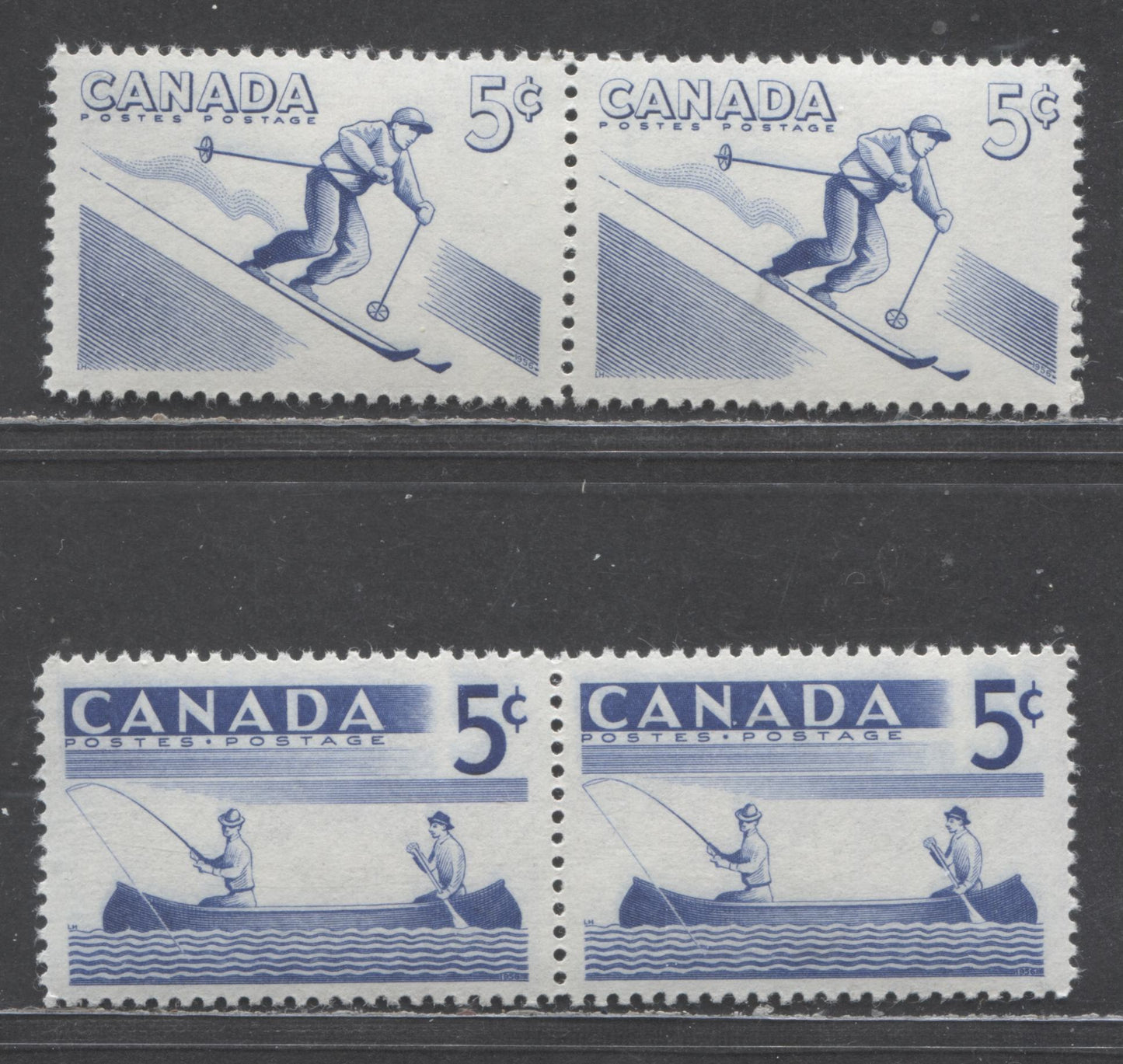 Canada #365i, 368i 5c Deep Ultramarine Skiing, Canoeing, 1957 Recreational Sports Issue, 2 VFNH Identical Pairs,Smooth Paper, Ribbed On Back, Streaky Cream Semi-Gloss Gum, Scarce, As Most Would Have Been Split