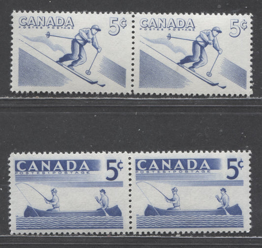 Lot 413 Canada #365i, 368i 5c Deep Ultramarine Skiing, Canoeing, 1957 Recreational Sports Issue, 2 VFNH Identical Pairs,Smooth Paper, Ribbed On Back, Streaky Cream Semi-Gloss Gum, Scarce, As Most Would Have Been Split