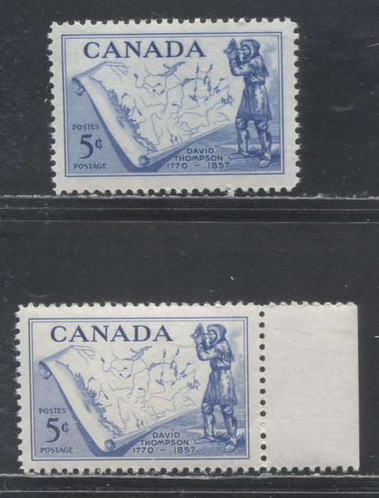 Lot 415 Canada #370var 5c Aniline Ultramarine Davit Thompson, 1957 David Thompson Issue, 2 VFNH Singles,Smooth Paper, Ribbed On Back, Streaky Cream Semi-Gloss Gum, Scarce And Likely Genuine, Notwithstanding Unitrade's Note