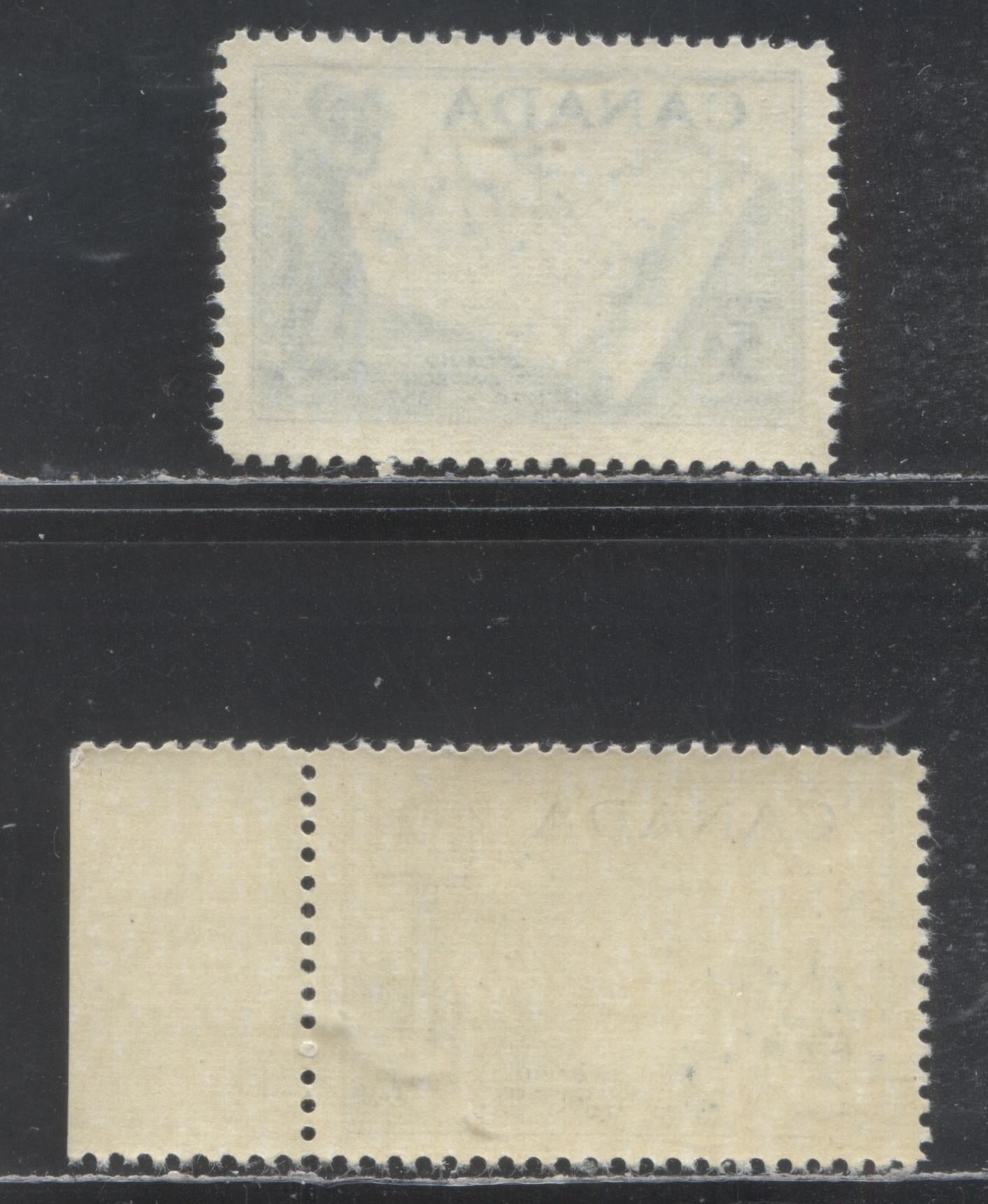 Lot 415 Canada #370var 5c Aniline Ultramarine Davit Thompson, 1957 David Thompson Issue, 2 VFNH Singles,Smooth Paper, Ribbed On Back, Streaky Cream Semi-Gloss Gum, Scarce And Likely Genuine, Notwithstanding Unitrade's Note