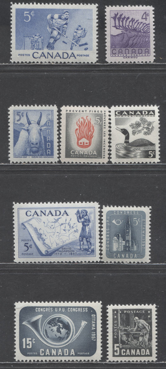Lot 416 Canada #359-361, 364, 369-372 5c Various Colours Various Subjects, 1956 Hockey - 1957 Mining Congress Issues, 9 VFNH Singles, Smooth & Horiziontally Ribbed Papers, Streaky & Smooth Cream Semi-Gloss Gum All Selected For Centering