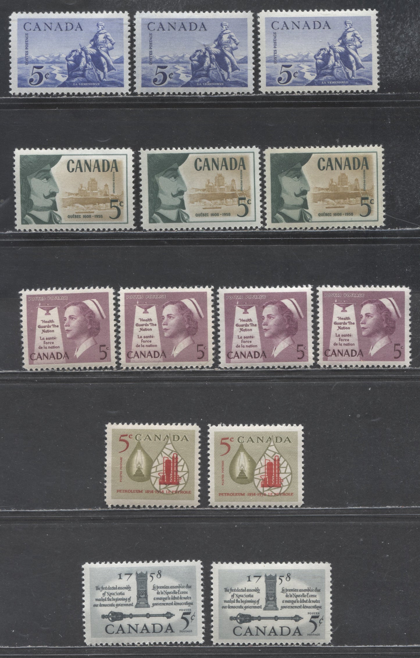 Canada #378-382 5c Various Colours Various Subjects, 1958 La Verendrye - First Assembly Issues, 14 VFNH Singles,Smooth Paper, Ribbed On Back, Streaky And Smooth Cream  Semi-Gloss Gum Slightly Different Shades