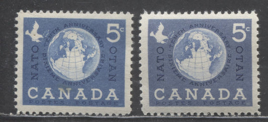 Lot 421 Canada #384 5c Aniline Ultramarine & Violet Blue Dove & Globe, 1959 10th Anniversary of NATO, 2 VFNH Singles, Smooth Paper, Vertically Ribbed On Back, Streaky And Smooth Cream Gum Scarce And Likely Genuine, Notwithstanding Unitrade's Note