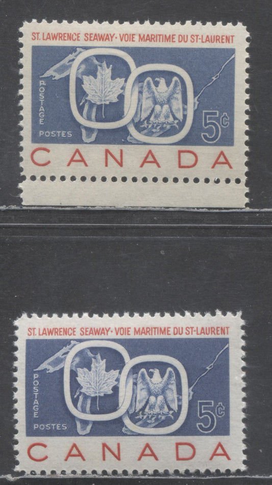 Lot 424 Canada #387var 5c  Deep Dull Blue & Red US & Canadian Crests, 1959 St. Lawrence Seaway Issue, 2 VFNH Singles,Smooth Paper, Ribbed On Back, Streaky Cream & Yellowish Cream Satin Gum, Scarce Shade, As Most Are Shades Of Violet Blue